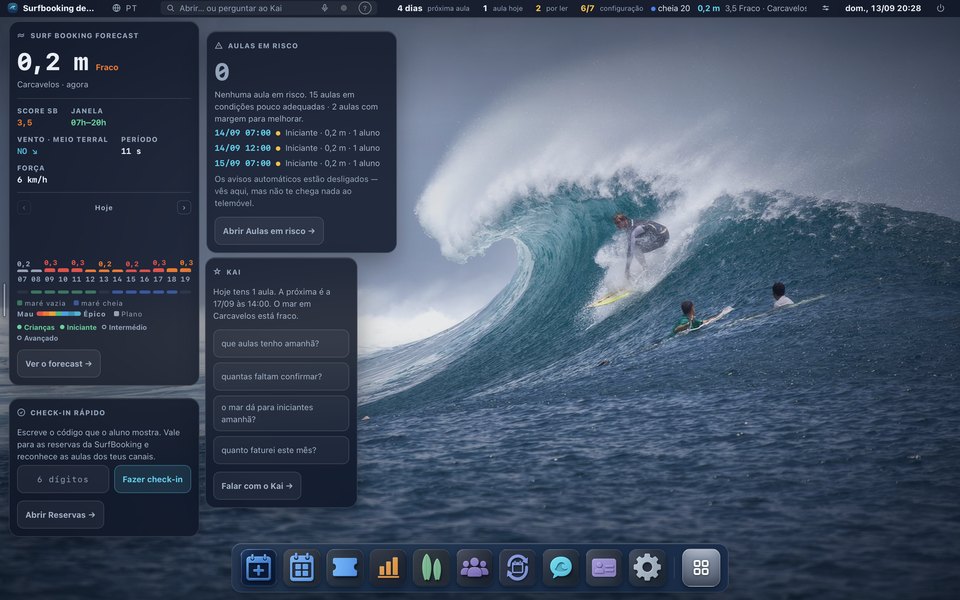 SurfBooking OS: a secretária da escola com o forecast, as aulas em risco e o Kai