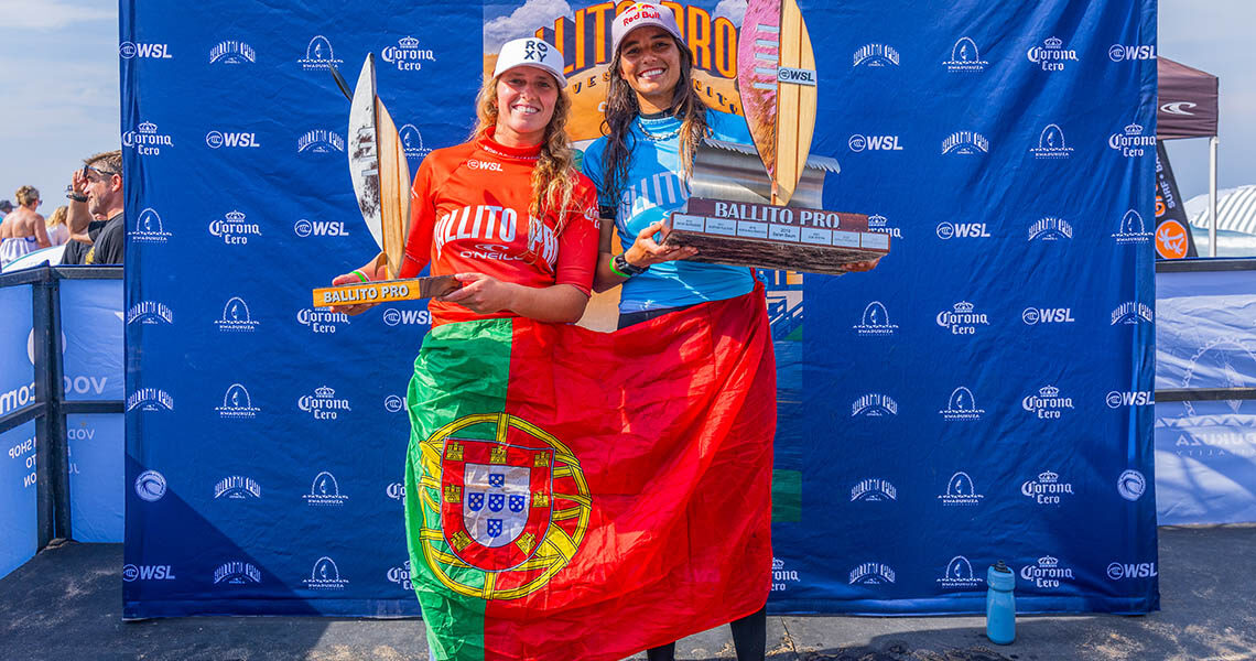 Teresa Bonvalot and Francisca Veselko on the Ballito Pro podium in 2026, holding trophies and the Portuguese flag