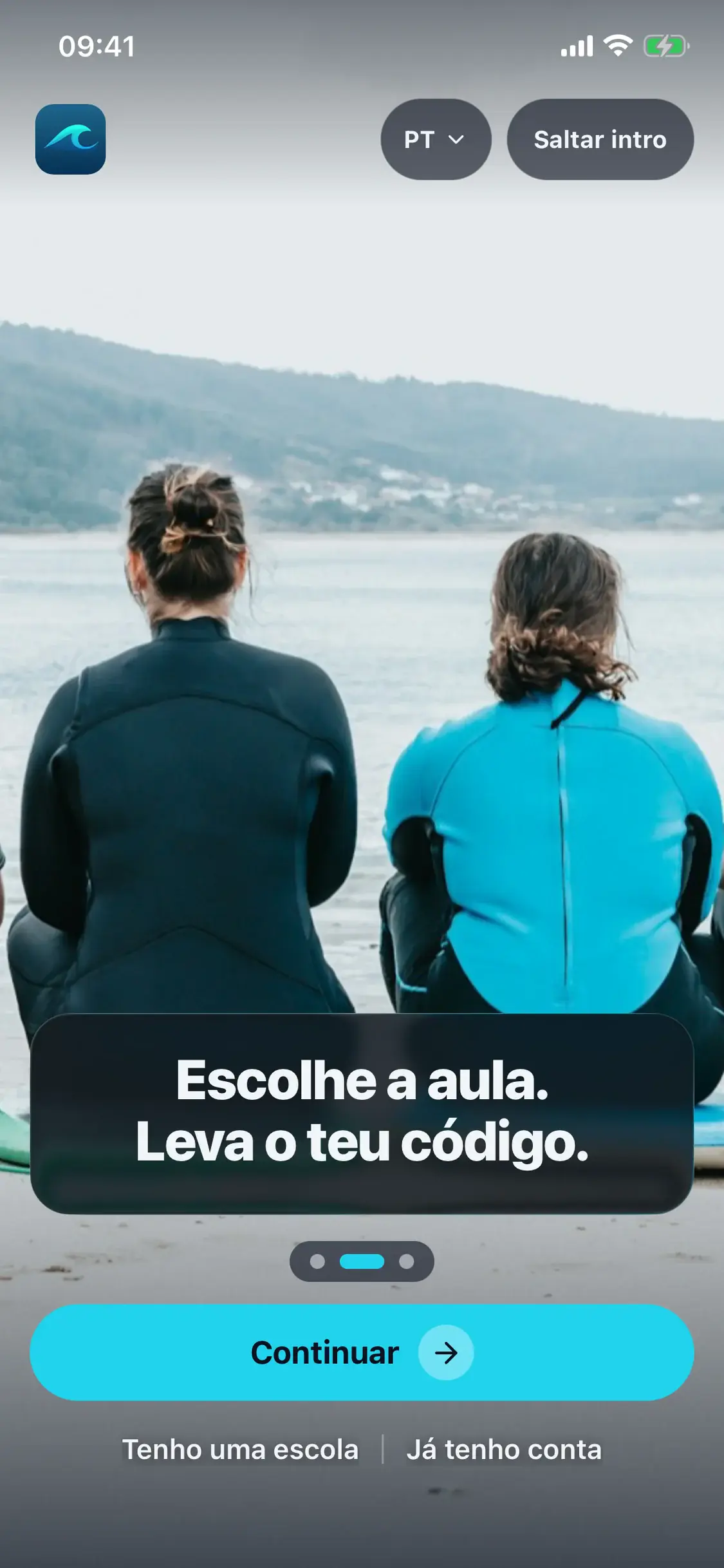 Ecrã real da app: «Escolhe a aula. Leva o teu código.»