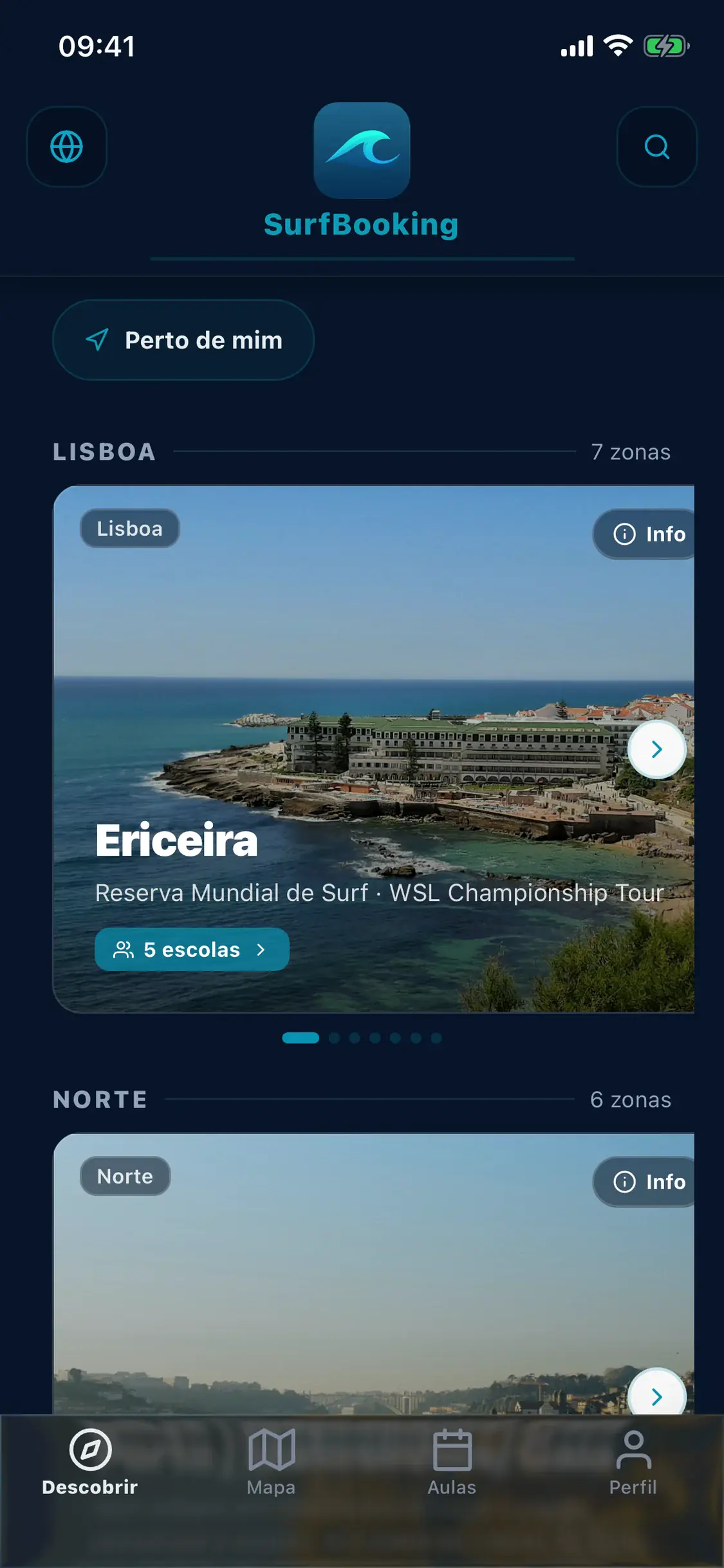 Ecrã real da app: as zonas, com a distância e as escolas