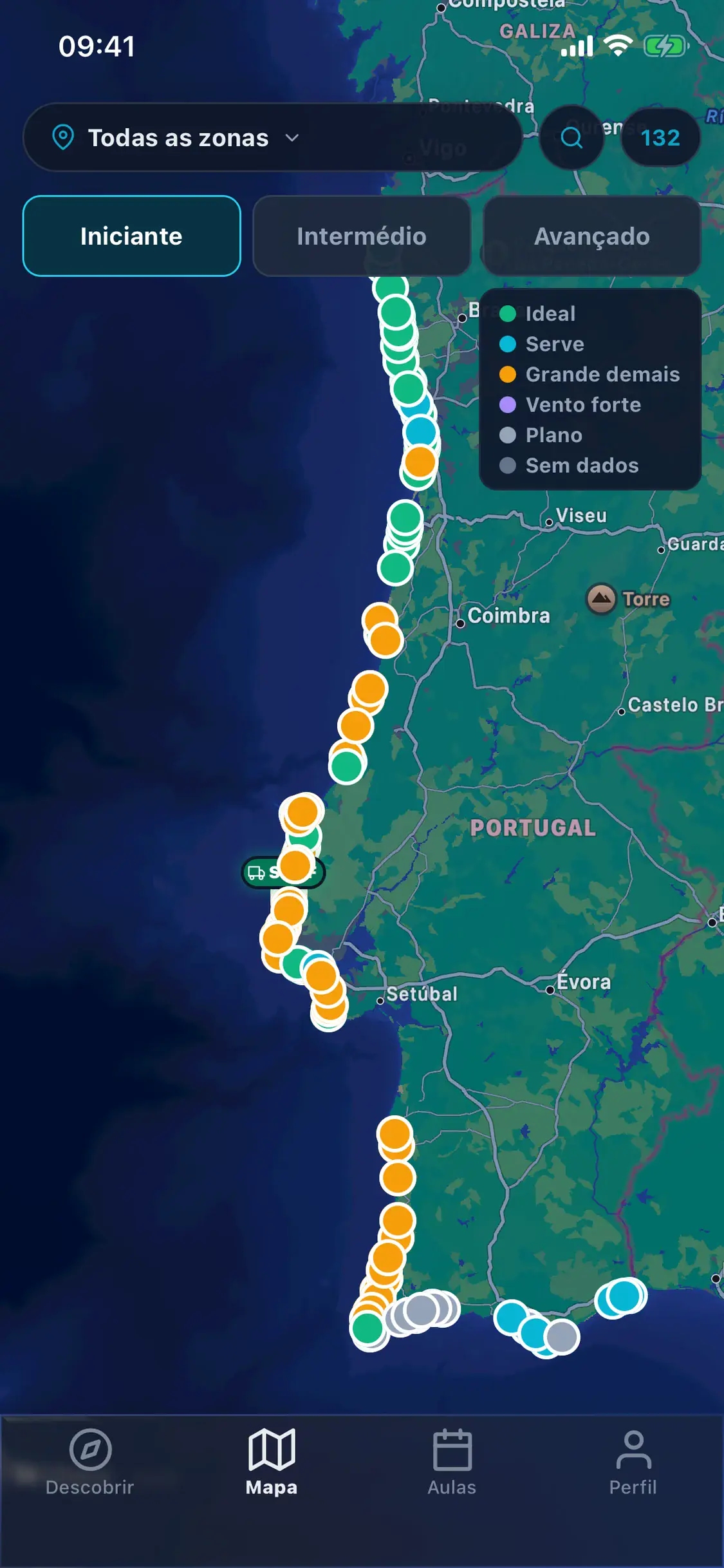 Ecrã real: mapa da costa com as praias