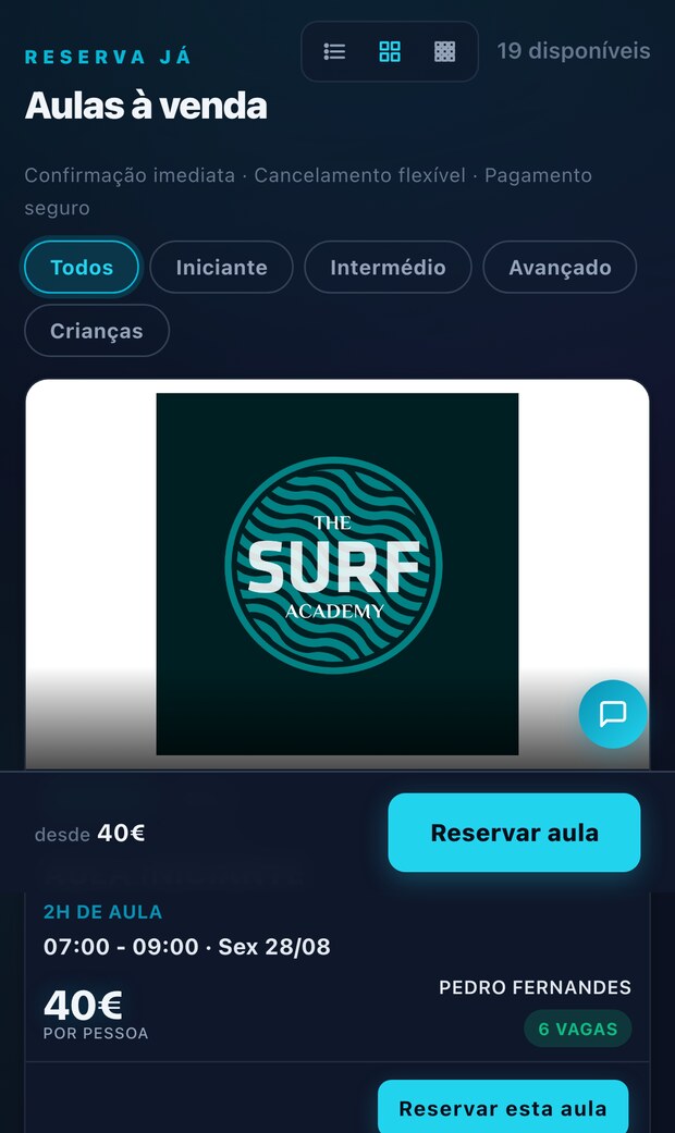 As aulas a venda numa praia, com hora, nivel, preco e vagas