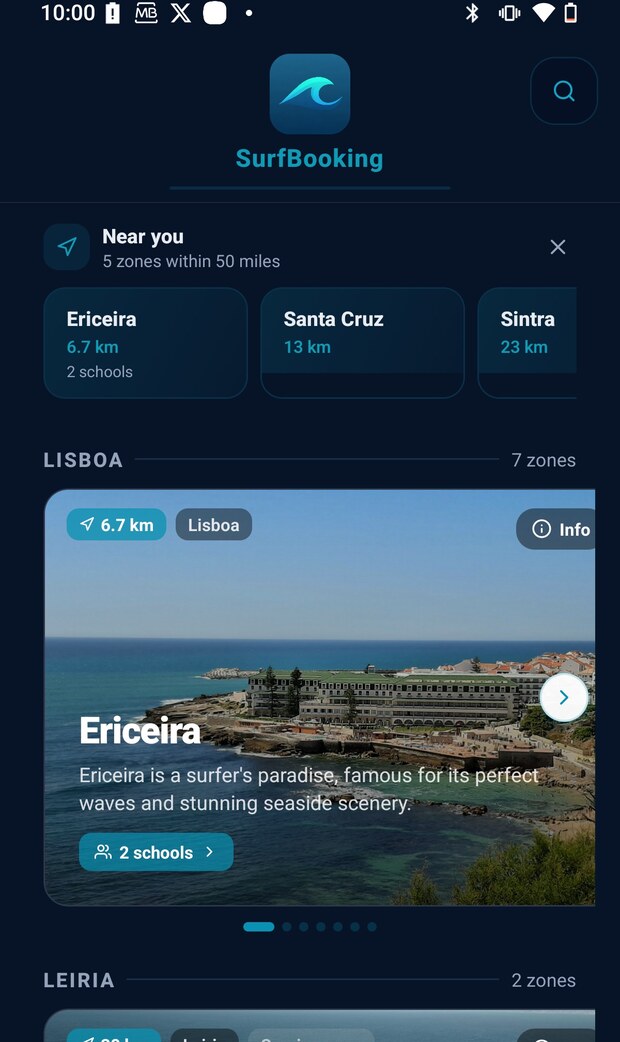 A aplicacao: as zonas e as praias com o estado do mar