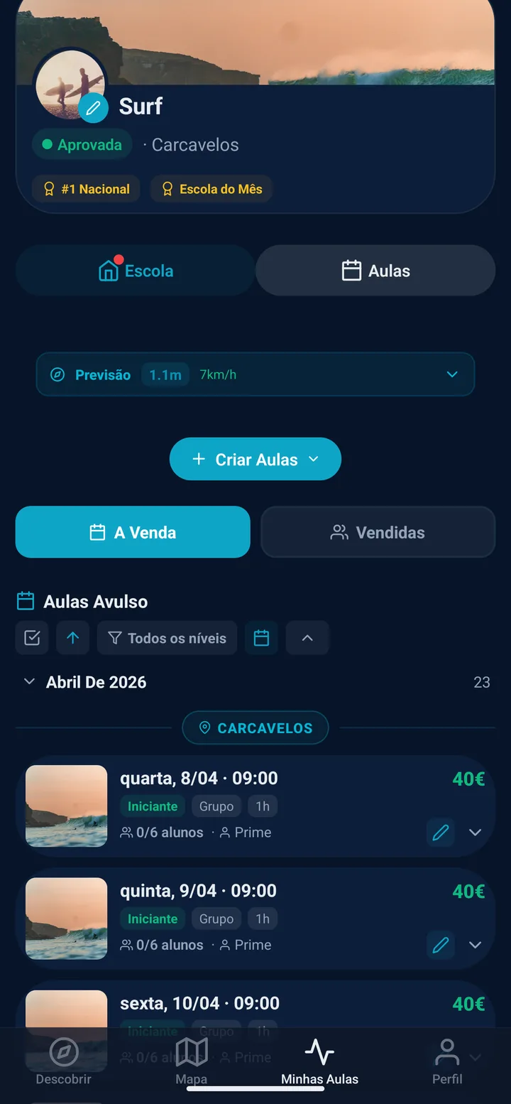 A lista de aulas da própria escola: três aulas de grupo para iniciantes a 40 euros, cada uma a mostrar zero de seis alunos inscritos.