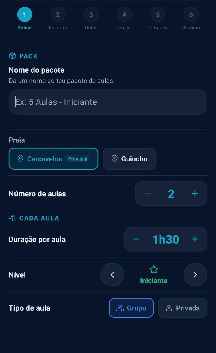 O wizard do pacote no passo um de seis: nome do pacote, praia, número de aulas, duração, nível e tipo de aula.